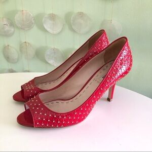 Miu Miu Prada Red Patent Leather Studded Polka Dot Retro Pinup Peep Toe Pumps